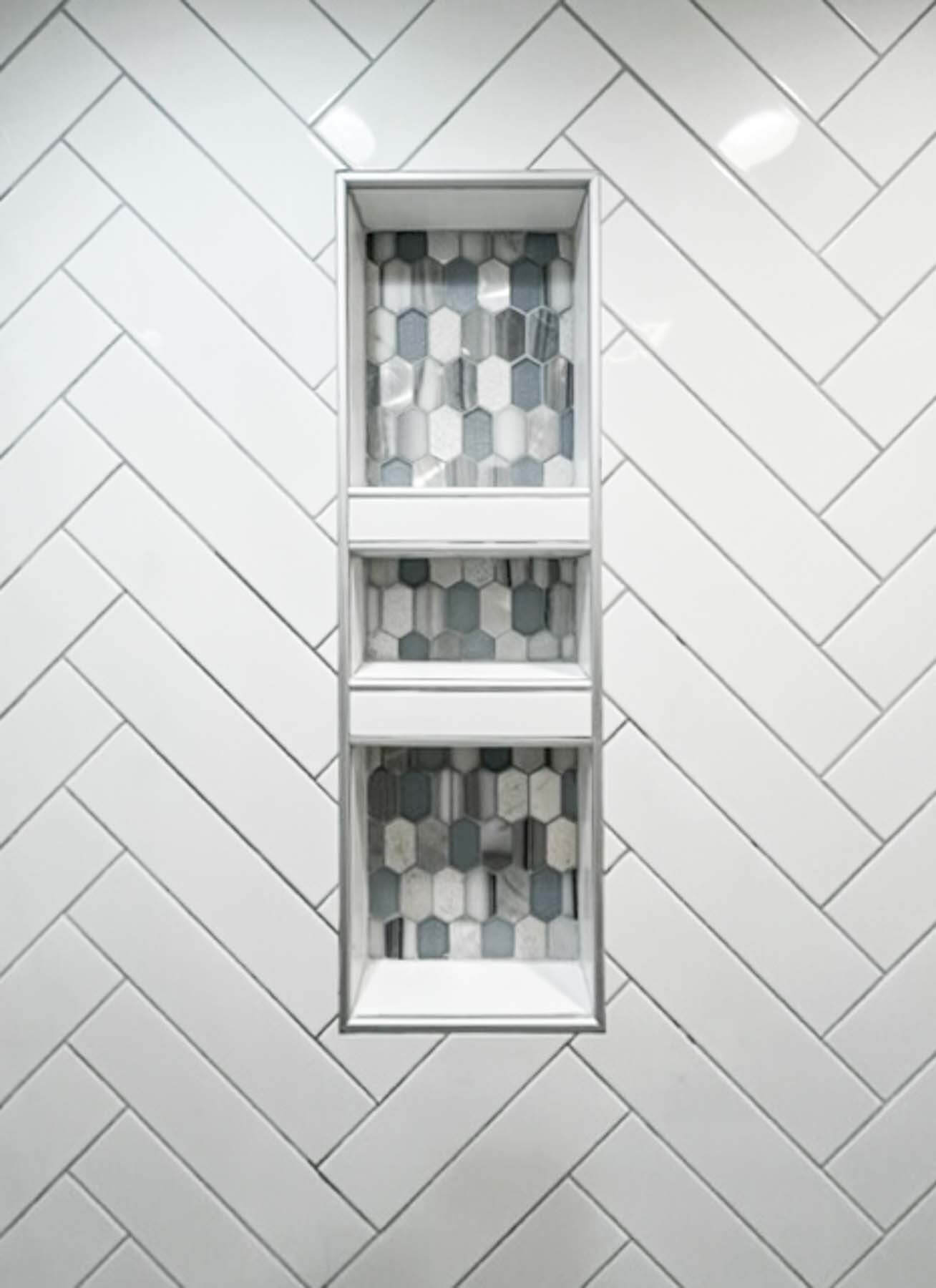 contemporary shower tiled shelf