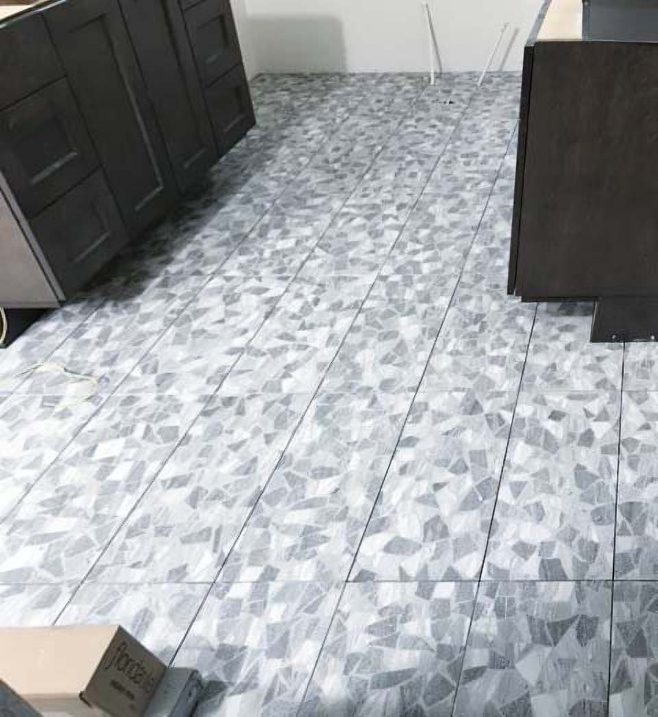 abstract tile design installation in bathroom